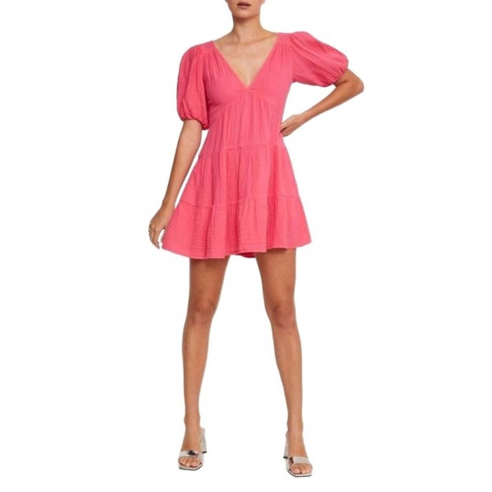 Joy Joy Coral Pink Medium V-Neck Puff Sleeves Summer Mini Dress with POCKETS!